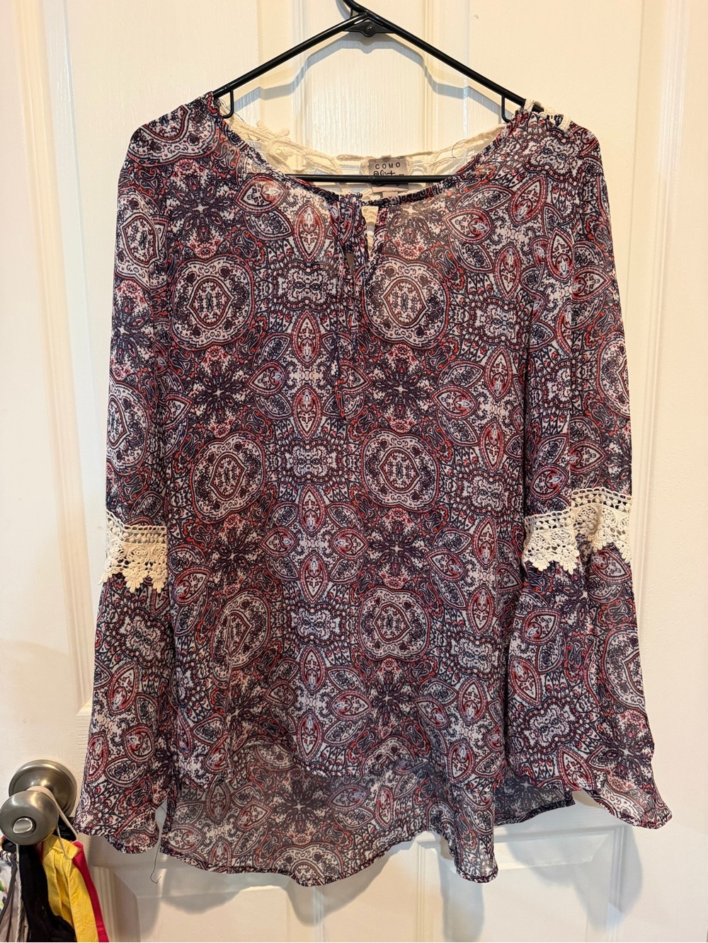 Como Vintage Paisley Peasant Tunic - Navy, Burgundy & Cream